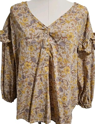 #ad Free Assembly Brown Floral Boho Print Ruffle Balloon Sleeve Top Size Medium $14.99