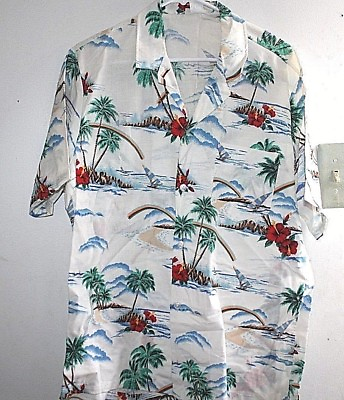 #ad Mens Hawaiian Shirt size L White Beach Ocean Made in Hawaii USA UUX ^ $9.99
