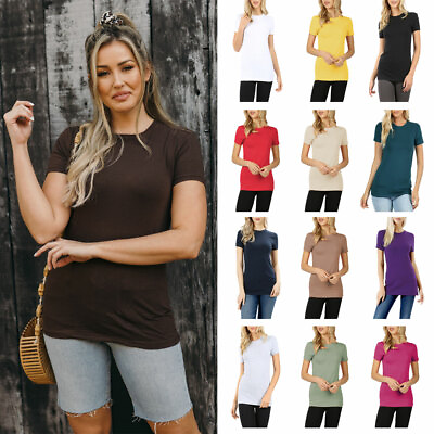 Womens Basic Solid Cotton Short Sleeve Crew Neck Long T Shirt Top $12.95