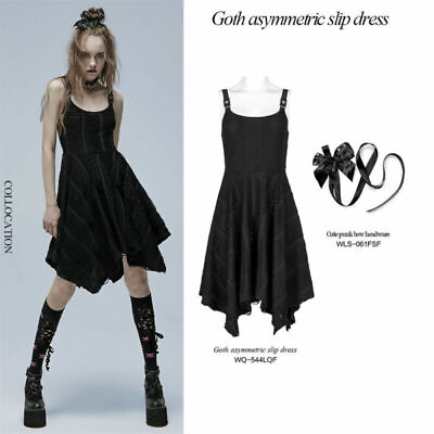 #ad Punk Rave Women#x27;s Gothic Asymmetric Sexy Slip Dress Punk Slip Casual Black Dress GBP 59.24