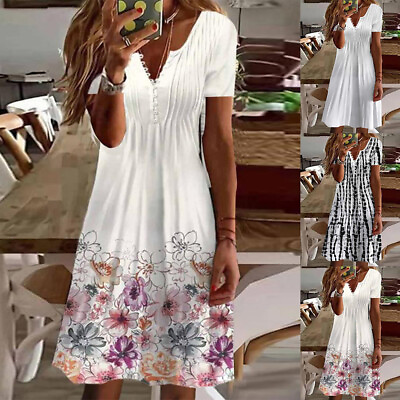 #ad Summer Women Floral V Neck Mini Dress Boho Short Sleeve Holiday Beach Sundress $25.99