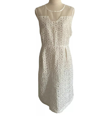 Queenspark Sz 14 A Line Dress Cocktail White Embroidered Silky Sheer Sleeveless AU $24.96