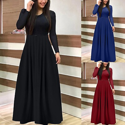 #ad Women Long Sleeve Solid Dress High Neck Cocktail Party Elegant Casual Long Dress $20.56