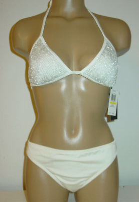 #ad Guess White Silver Mesh Overlay 2 pc Swimsuit Bikini String Top M L NWT $96.00 $57.95