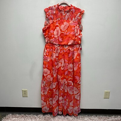 #ad Vince Camuto Women Orange Floral Ruffle Smocked Waist Tiered Maxi Dress 18W $168 $37.46