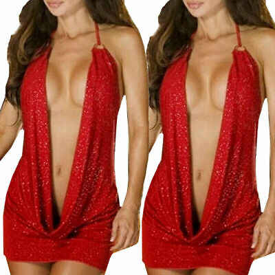 Sexy Women#x27;s Plunge V Neck Clubwear Party Dress Sleeveless Mini Bodycon Babydoll $6.99