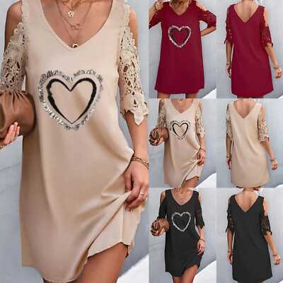 #ad Womens Heart V Neck Mini Dress Lady Party Evening Cocktail Dress Summer Sundress $20.99