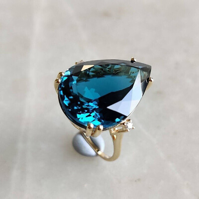 #ad Lab Created Pear London Blue Topaz Cocktail Women Ring 14K Yellow Gold Plated $136.99