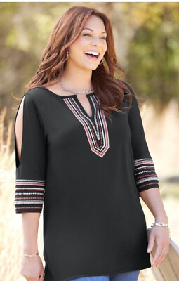 #ad Catherine#x27;s Plus Size Black Embroidered Split Sleeve Tunic Top Shirt Boho $29.97