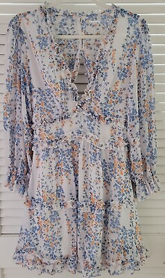 Ladies Summer Ruffled Short Dress Floral Blue amp; Orange Low V Open Back Size S $40.00