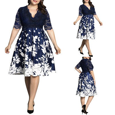 #ad Plus Size Womens Lace V Neck Floral Midi Dress Evening Party Cocktail Dresses $32.47