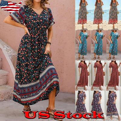 #ad #ad ⭐⭐Womens Boho Floral V Neck Long Dress Ladies Summer Holiday Beach Maxi Sundress $17.84