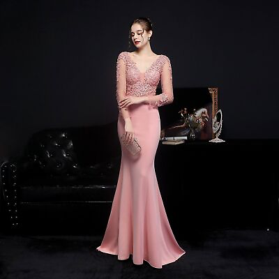 #ad Women Pink Long Dress V neck Full Sleeve Evening Dress Elegant Party Dress $133.43