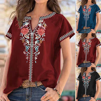 #ad Womens Short Sleeve Tunic Tops Boho V Neck Floral T Shirt Casual Loose Blouse $17.79