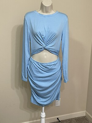 #ad Women’s Light Blue Crew Neck Long Sleeve Cut Out Front Soft Summer Dress s L $12.99