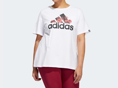 adidas T Shirt Womens Plus Cotton Short Sleeve Crew Tee White Floral 1X or 2X $23.99