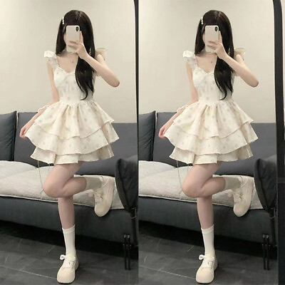 #ad Sweet Girls Floral Ruffles Mini Dress Japanese Summer Princess School Cute Dress $38.27