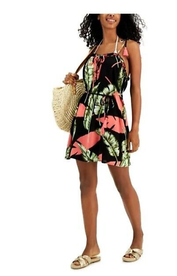 #ad NWT Swim Cover Up Beach Dress Medium Belted Hawaiian Black Floral MIKEN Womens $29.88