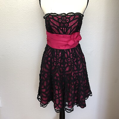 Betsey Johnson Party Cocktail Dress Black Lace Over Fuchsia Satin Size 2 $29.97