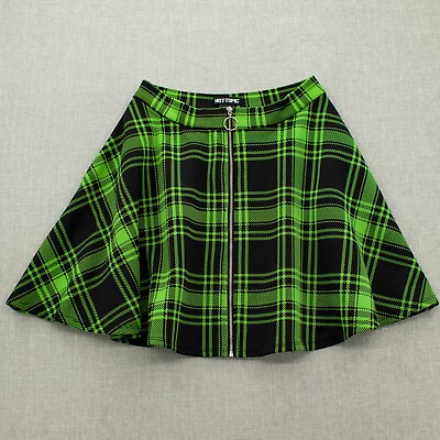 #ad Hot Topic Womens Mini Skirt Lime Plaid Full Front Zip Pockets Green Black Sz S M $16.88