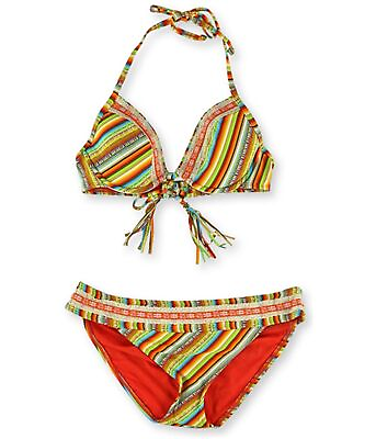 #ad Lucky Brand Womens Striped Crochet Hipster 2 Piece Bikini Orange Medium $44.31