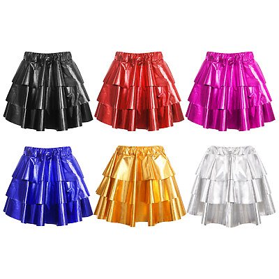 #ad Kids Girls Metallic Party Skirt Tiered 3 Layers Disco Performance A Line Gym $14.34