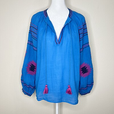 #ad Anthro Maeve Blue amp; Pink Runaway Boho Southwestern Embroidered Peasant Top XS $45.00