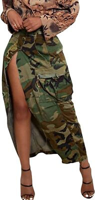 Women Camouflage Skirt Camo Maxi Pencil Skirt Bodycon Button Slit Cargo Skirt $17.99