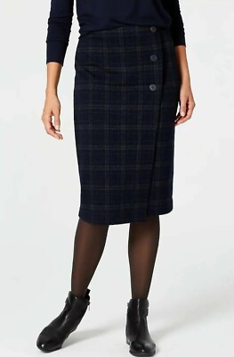 NWT J Jill Pull On Plaid Pencil Skirt Faux Wrap Button Front Navy Size Medium $34.88