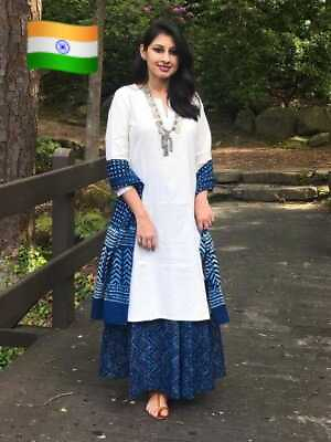 #ad Designer White Handmade Rayon Kurta with Indigo print Skirt and Duppta Dress Set $34.88