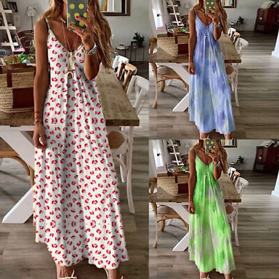 #ad Women Sexy Floral Long Strappy Dress Ladies Boho Beach Holiday Maxi Sundress US $16.01