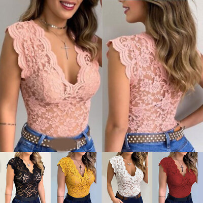 Womens V Neck Lace Sexy Tank Tops Ladies Slim Fit Stretch Vest Shirt Size 6 16⌒ $6.89