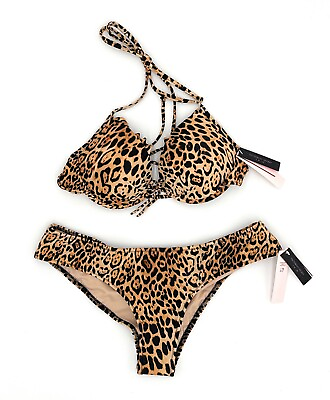 Victoria#x27;s Secret Swim Push Up Bathing Suit Bikini Cheetah 34B Small Set $39.95