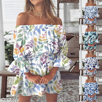 #ad Summer Dresses For Women Vintage Print Beach Sexy Off Shoulder Tunic Sundresses $24.19