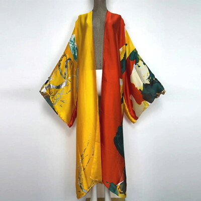#ad Red Floral print Kimono Long robe beach cover up printed kaftan Cardigan $49.95