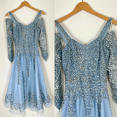 #ad Vtg 50s Blue Sparkly 1950s SEQUIN PARTY DRESS Girl#x27;s Wedding Formal Full Skirt $88.20