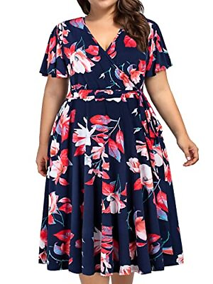 #ad #ad Plus Size Womens V Neck Floral Cocktail Party Midi Dresses 16 Plus Navy Pink $75.93