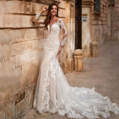 #ad #ad Luxury Lace Mermaid Wedding Dress Illusion Long Sleeves Applique Boho Bride Gown $146.70