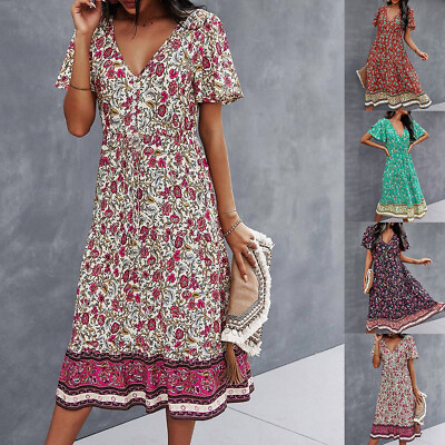 Women#x27;s Summer Boho Floral Midi Dress Ladies Cotton V neck Short Sleeve Sundress $12.59