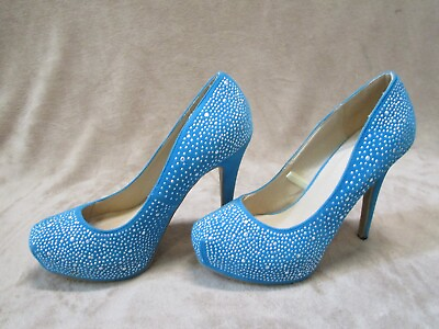 #ad #ad Dots Dogs Blue Rhinestone High Heels Platform Bride Party Size 8 Sparkles $4.99