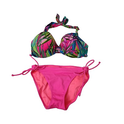 #ad Victoria#x27;s Secret Swimsuit Set 32D Small Green Pink Bikini Two Piece Swimwear $24.47