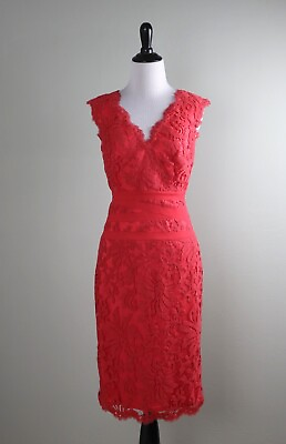 #ad TADASHI SHOJI $388 Coral Mesh Embroidered Lace Lined Evening Dress Size 8 $79.99