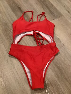 #ad One Piece Swimsuit Open Belly Spaghetti Strap Red Size Small $19.99
