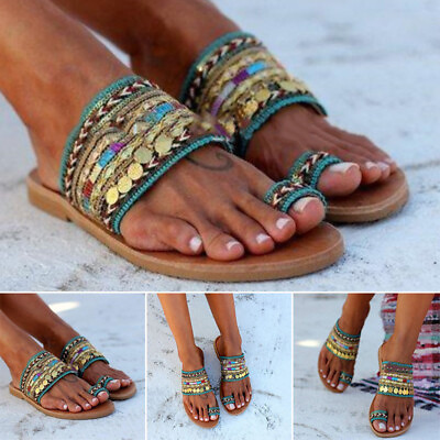 Womens Flip Flops Summer Roman Flat Heel Sandals Beach Slider Slipper Boho Shoes $23.74