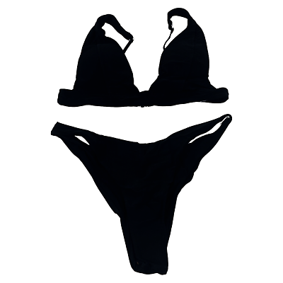 Jeniulet Womens Size L 2PC High Cut Cheeky Bikini Set Padded Adjustable Black $4.99