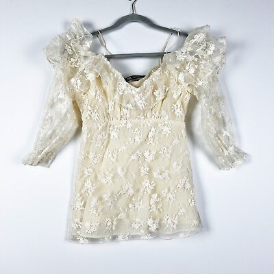 #ad #ad NEW Zara Floral Flower Allover Lace Sheer Mesh Chiffon Ruffle Mini Dress Ivory $45.00
