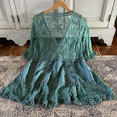 L New Teal Lace Crochet Boho Folk Tunic Blouse Top Cover Up Womens Size LARGE OS $54.50