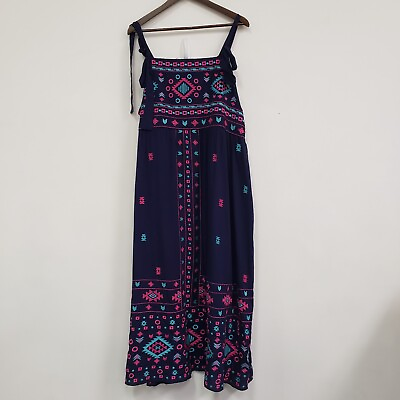 #ad Savanna Jane Womens Embroidered Maxi Dress Size 3X Blue Tie Straps Smocked Back $34.88