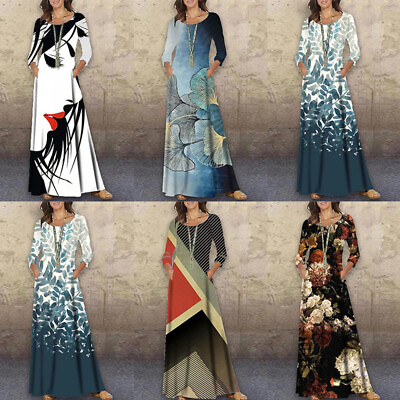 #ad ✿Women Long Sleeve Floral Maxi Dress Ladies Crew Neck Party Holiday Long Dresses $17.11