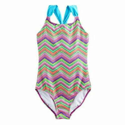 #ad New Little Girls Swimsuit Chevron One Piece Swimsuit Size 5 6 Racerback $28.00 $9.41